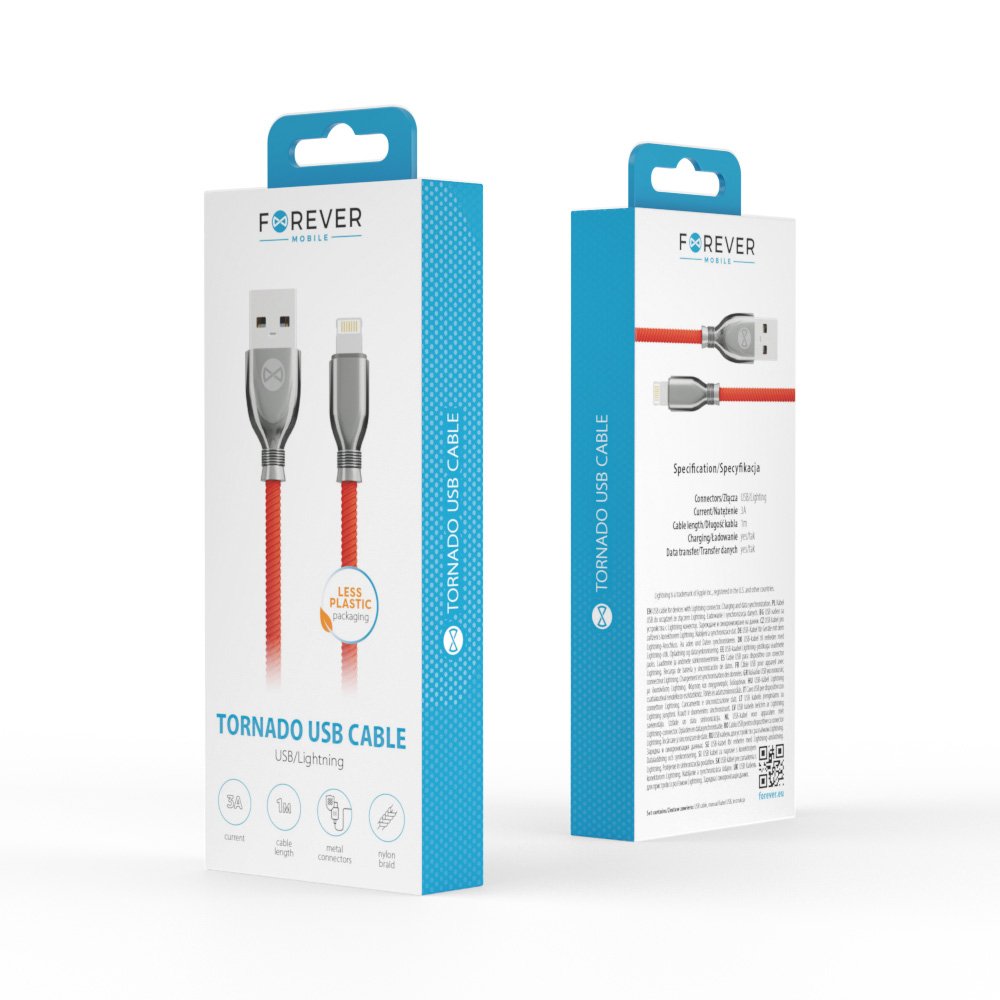 Forever kabelis Tornado USB - Lightning 1,0 m 3A, sarkans