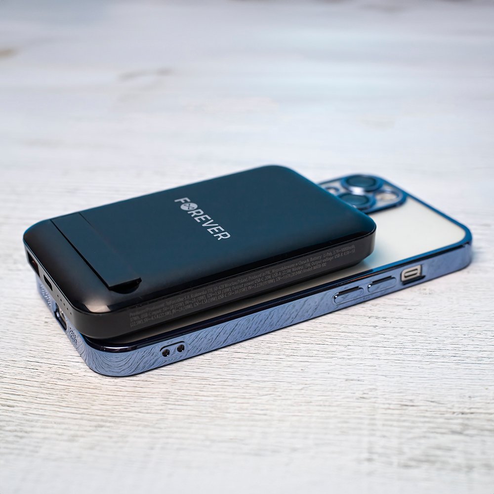 Forever ārējā baterija ar bezvadu lādēšanu MATB-100 PD QC 22.5W 10000 mAh, magnētiska, melna
