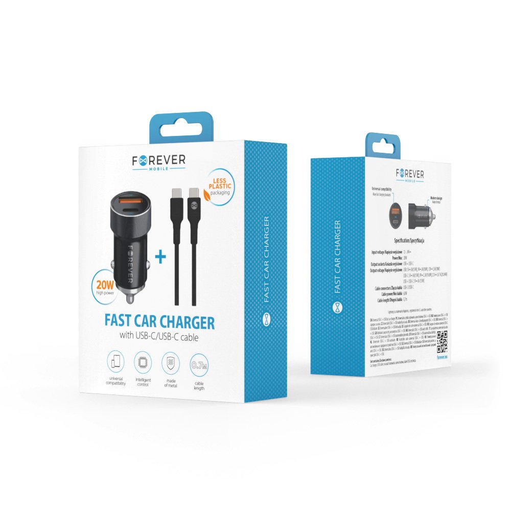 Forever CC-06 PD QC automašīnas lādētājs 1x USB-C 1x USB 20W melns + USB-C - USB-C kabelis 60W