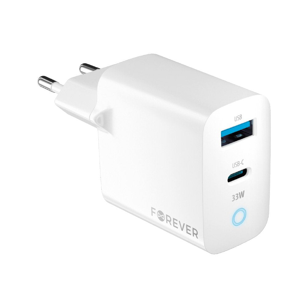 Forever TC-06-33AC GaN PD QC lādētājs 1x USB-C 1x USB 33W balts