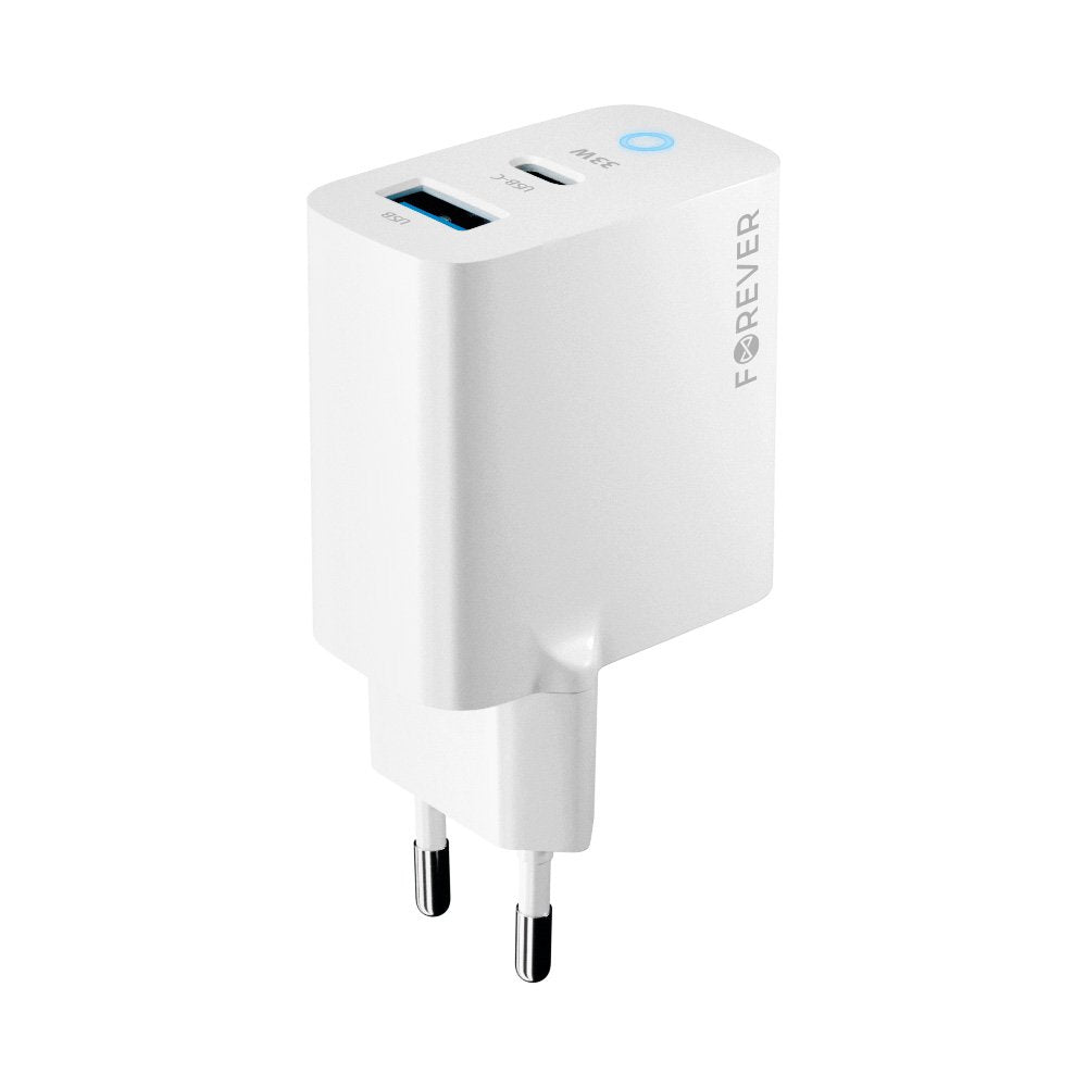 Forever TC-06-33AC GaN PD QC lādētājs 1x USB-C 1x USB 33W balts