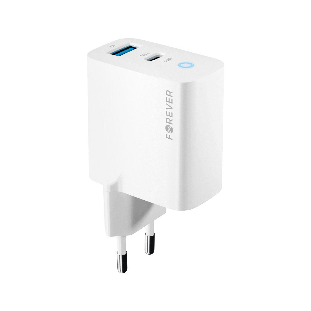 Forever TC-06-33AC GaN PD QC lādētājs 1x USB-C 1x USB 33W balts