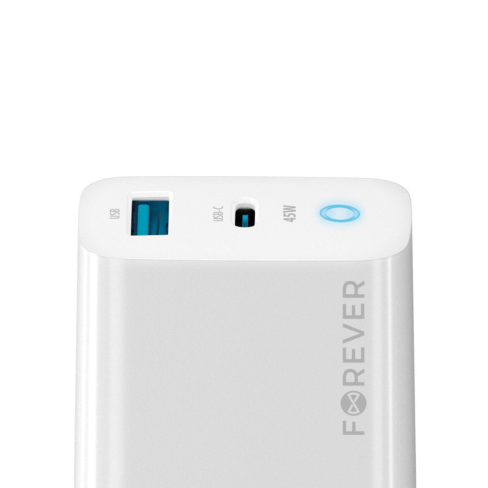 Forever TC-06-45AC GaN PD QC lādētājs 1x USB-C 1x USB 45W balts