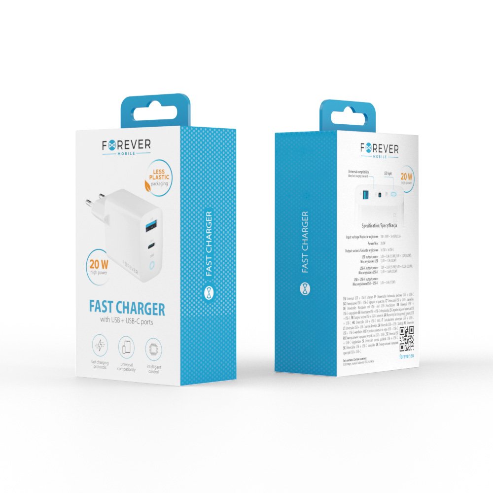 Forever lādētājs TC-06-20AC PD QC 1x USB-C 1x USB 20W, balts