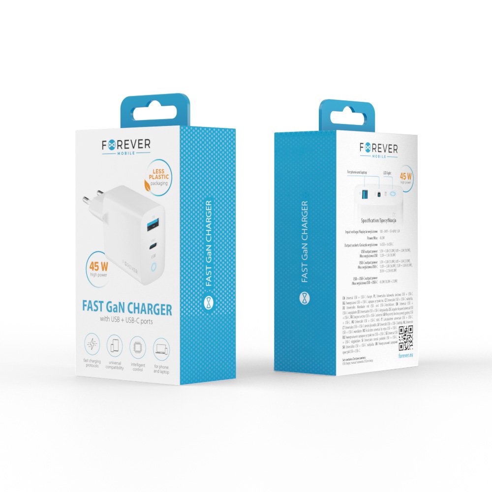 Forever TC-06-45AC GaN PD QC lādētājs 1x USB-C 1x USB 45W balts