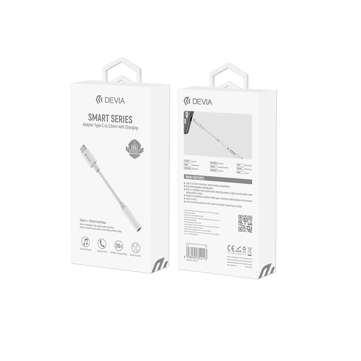Devia adapteris EC608 USB-C - jack 3,5mm, balts