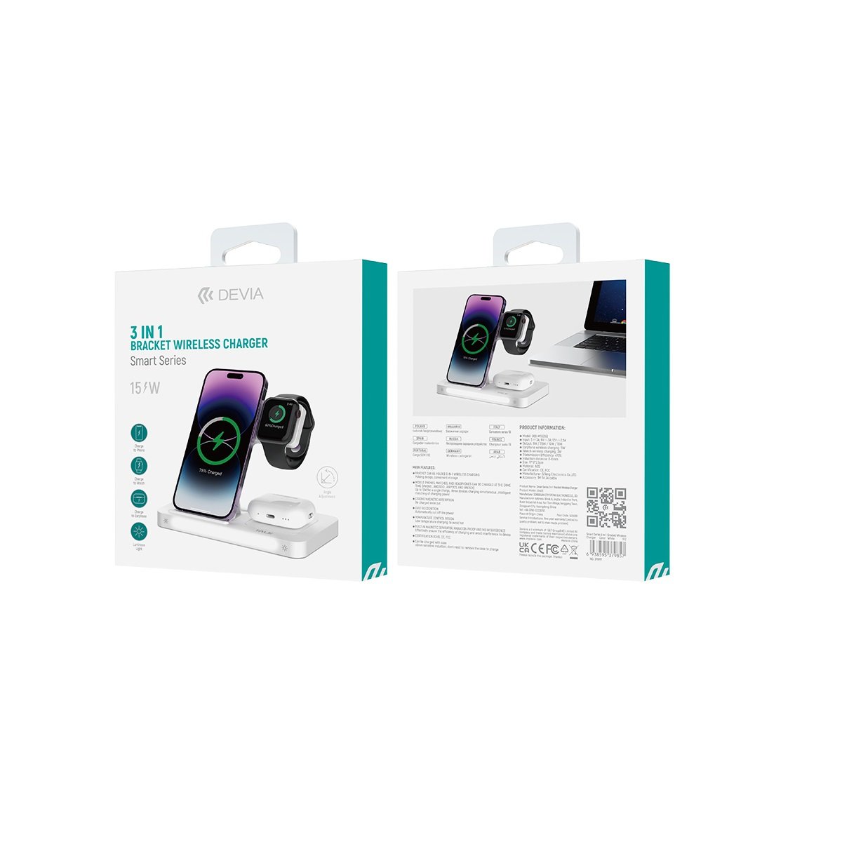 Devia bezvadu lādētājs 3/1 Smart 15W ar lampu, balts
