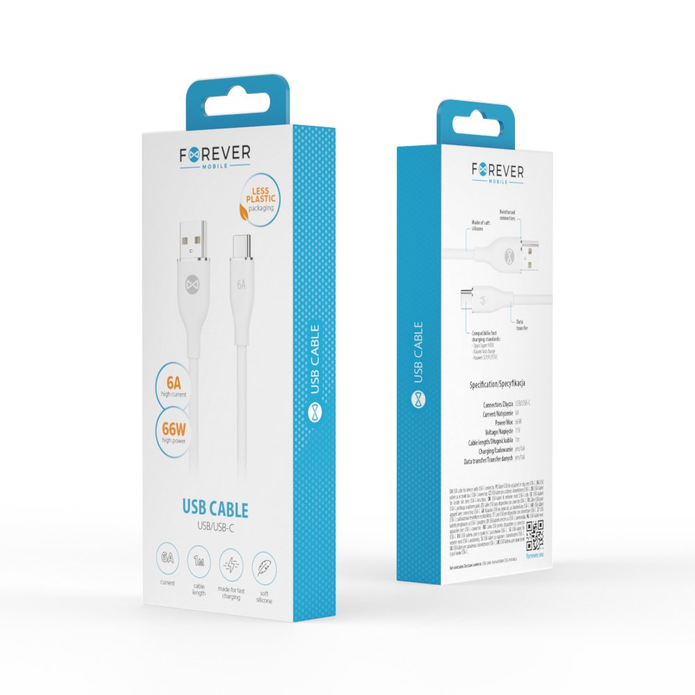 Forever kabelis USB - USB-C 1,0 m 6A, balts