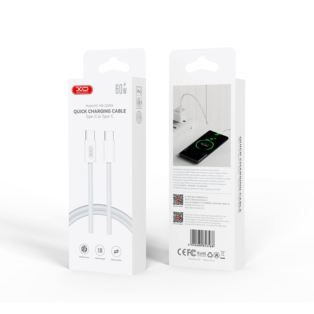 XO kabelis NB-Q260A PD USB-C - USB-C 1m balts 60W
