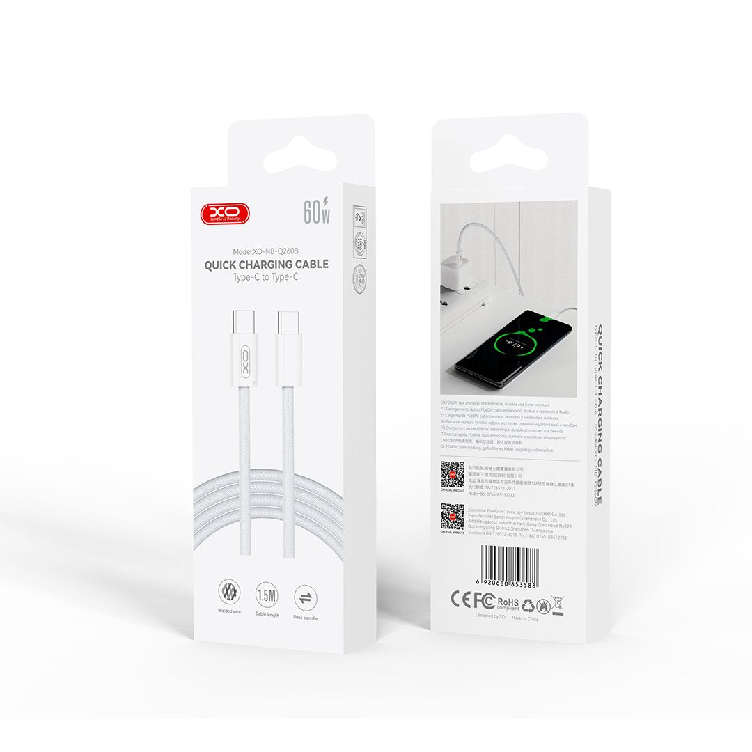 XO kabelis NB-Q260B PD USB-C - USB-C 1,5m balts 60W