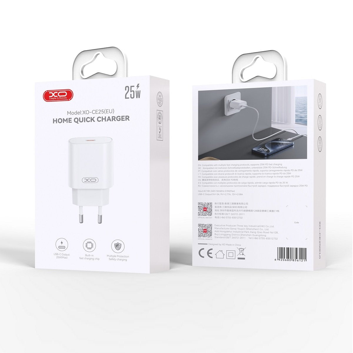 XO sienas lādētājs CE25 PD 25 W, 1x USB-C, balts