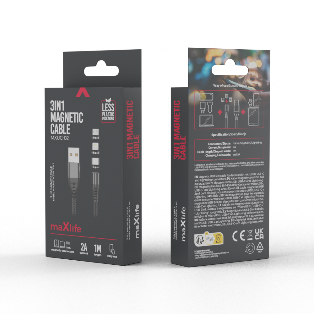Maxlife MXUC-02 magnētiskais kabelis USB - Lightning + USB-C + microUSB 1,0 m 2A melns neilons