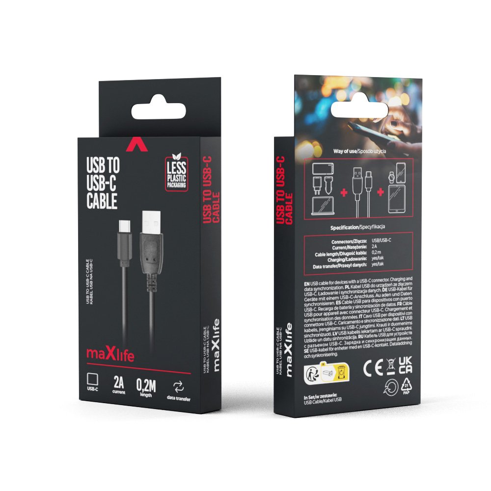 Maxlife kabelis USB - USB-C 0,2 m 2A, melns