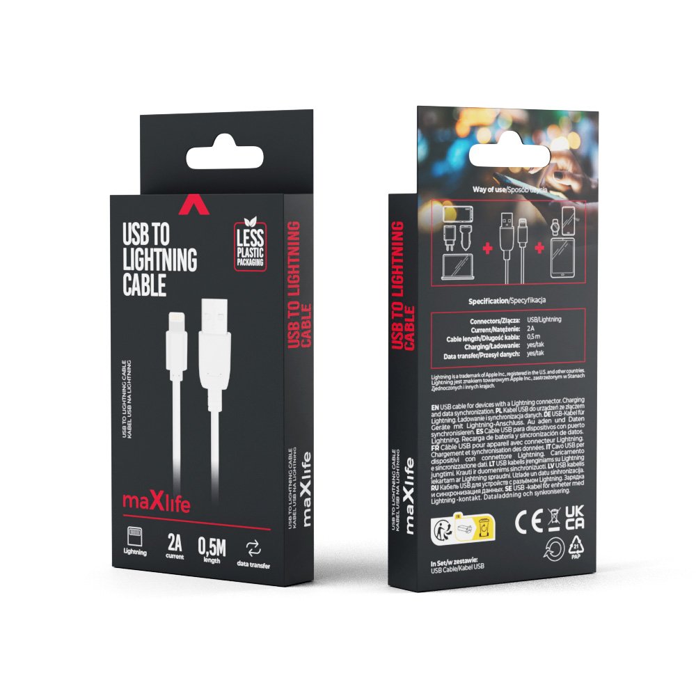 Maxlife kabelis USB - Lightning 0,5 m 2A, balts