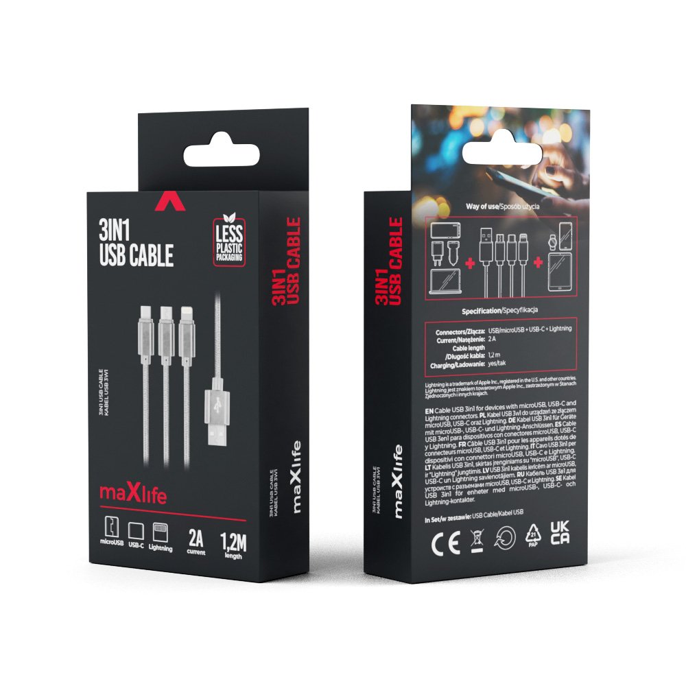 Maxlife 3/1 kabelis USB - Lightning + USB-C + microUSB 1,0 m 2,1A pelēks neilons