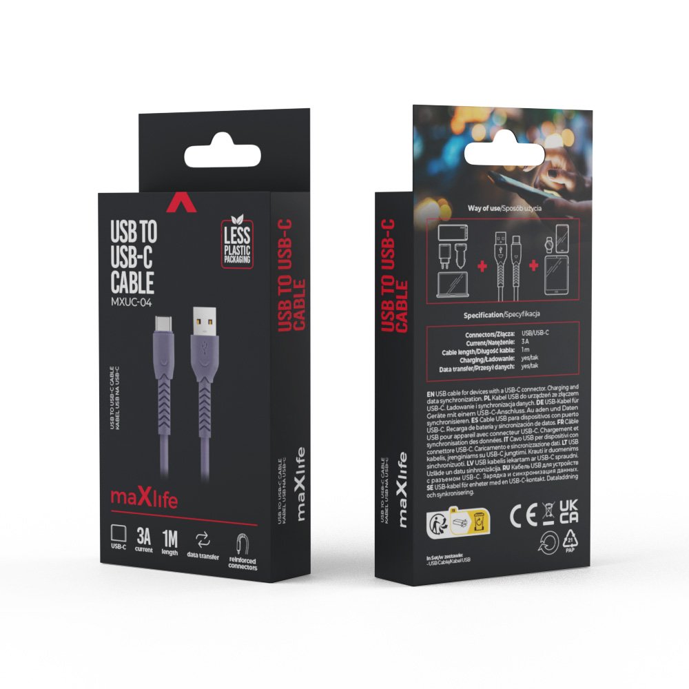 Maxlife kabelis MXUC-04 USB - USB-C 1,0 m 3A, violets