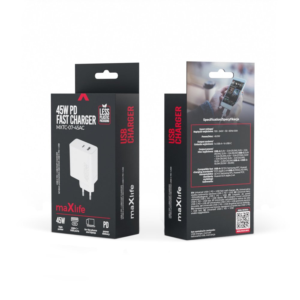 Maxlife lādētājs MXTC-07-45AC PD QC 1x USB-C 1x USB 45W, balts