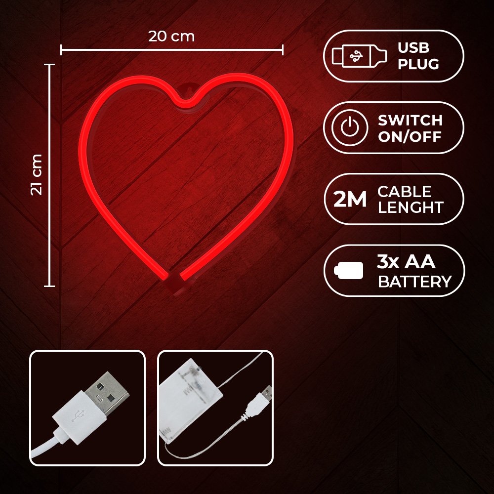 Neona LED HEART sarkans Baterijas + USB FLNE07 Forever Light