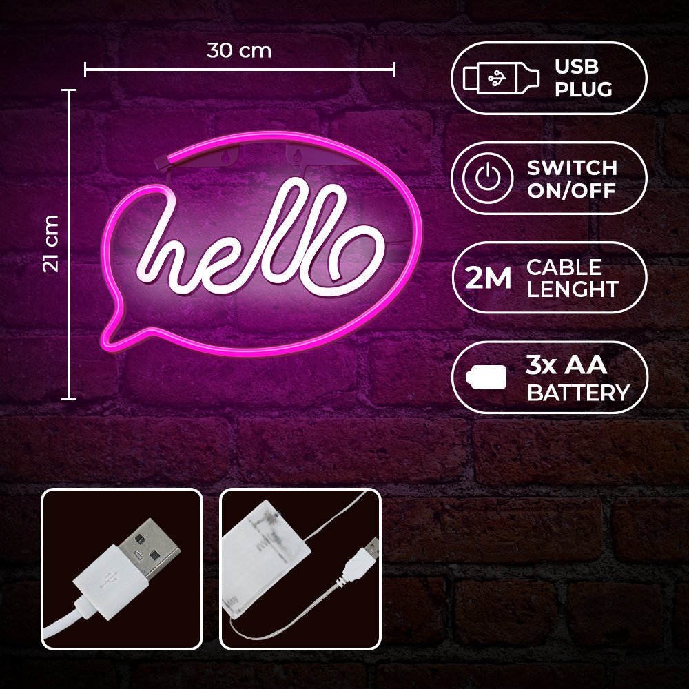 Neona LED HELLO rozā, balts Baterijas + USB FLNE15 Forever Light