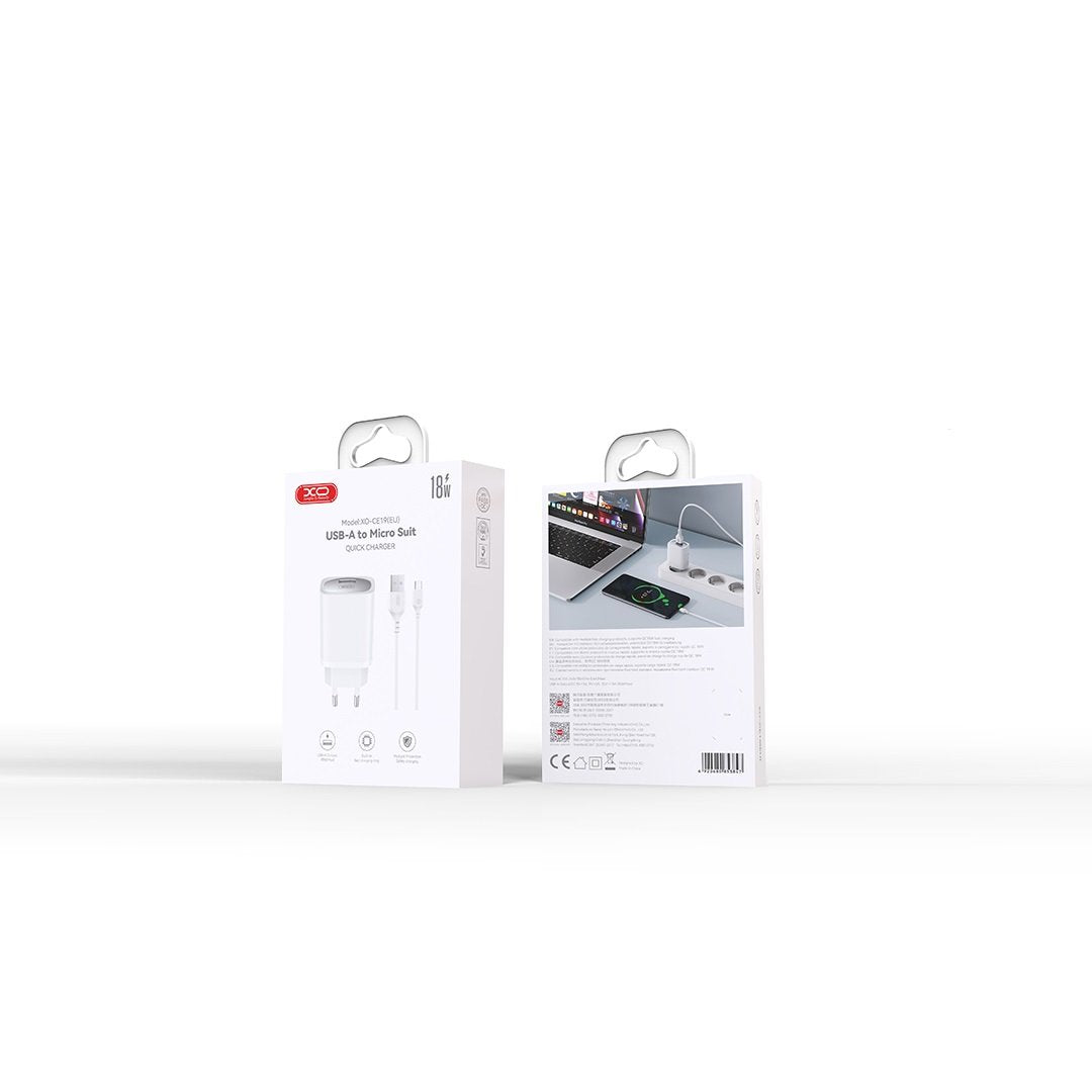 XO tīkla lādētājs CE19 QC 18W 1x USB balts + microUSB kabelis