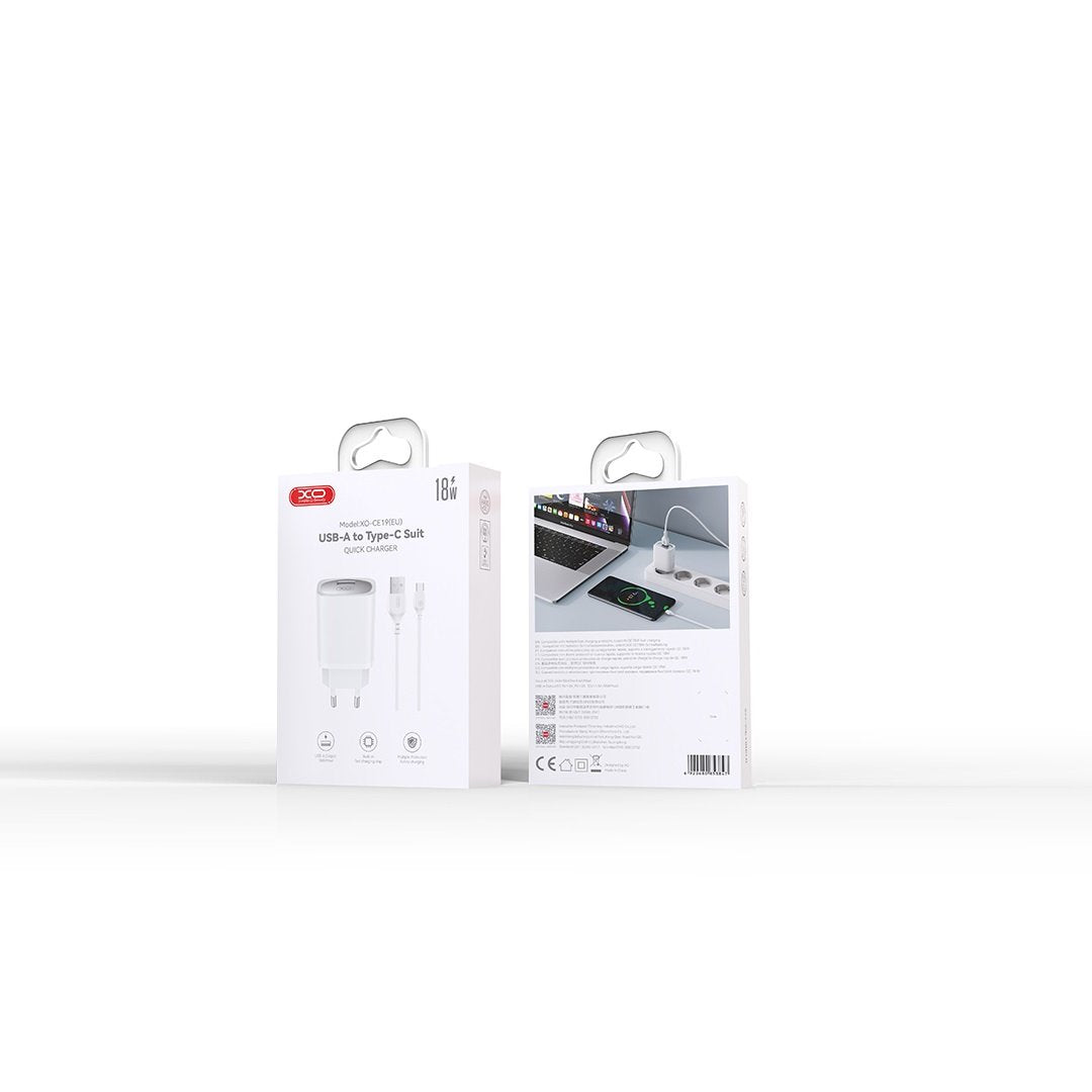 XO tīkla lādētājs CE19 QC 18W 1x USB balts + USB-C kabelis