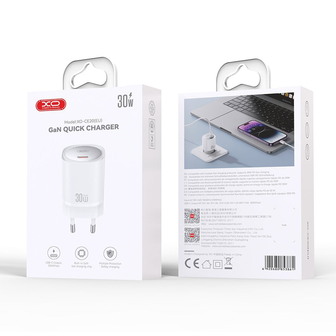 XO tīkla lādētājs CE20 PD 30W 1x USB-C, balts
