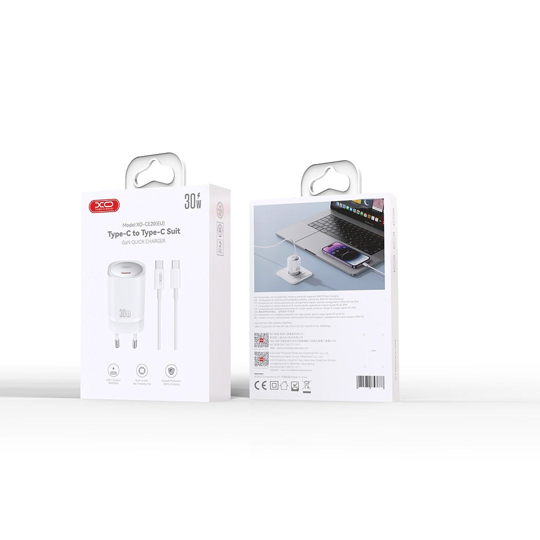 XO tīkla lādētājs CE20 PD 30W 1x USB-C balts + kabelis USB-C - USB-C