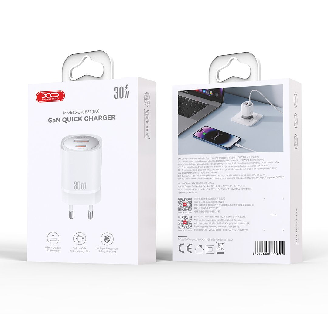 XO tīkla lādētājs CE21 PD 30W 1x USB-C 1x USB, balts