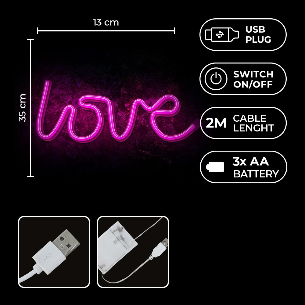 Neona LED LOVE rozā Baterijas + USB FLNE05 Forever Light