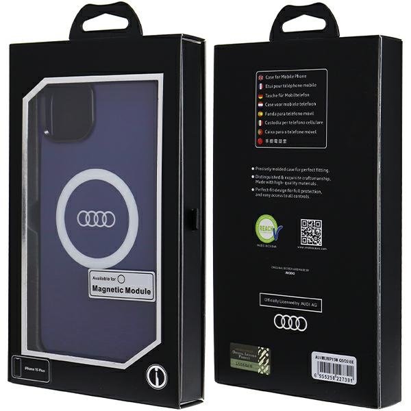 Audi maciņš iPhone 15 Plus 6,7" zils IML ar lielu logotipu MagSafe maciņš