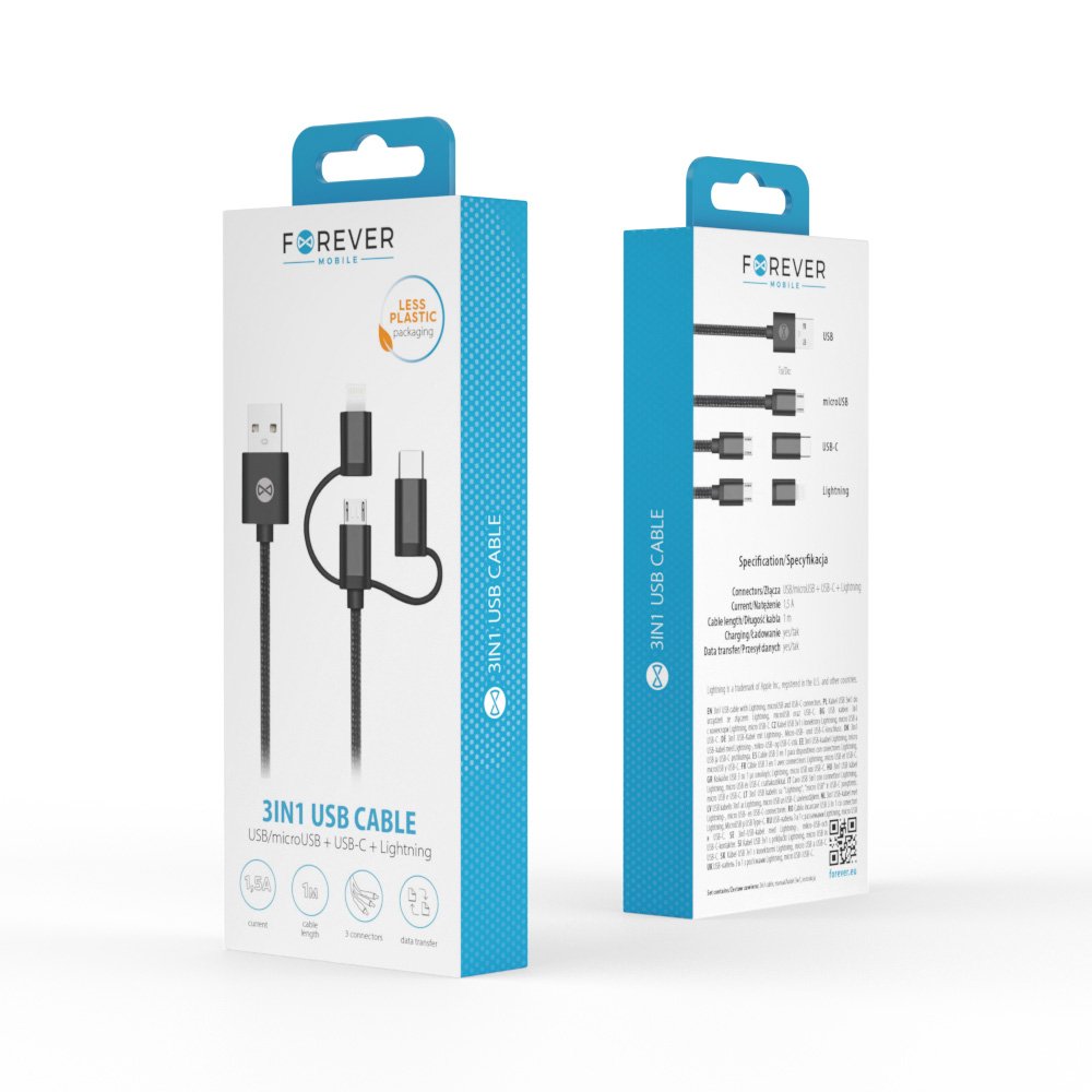 Forever 3/1 kabelis USB - Lightning + USB-C + microUSB 1,0 m 1,5A melns