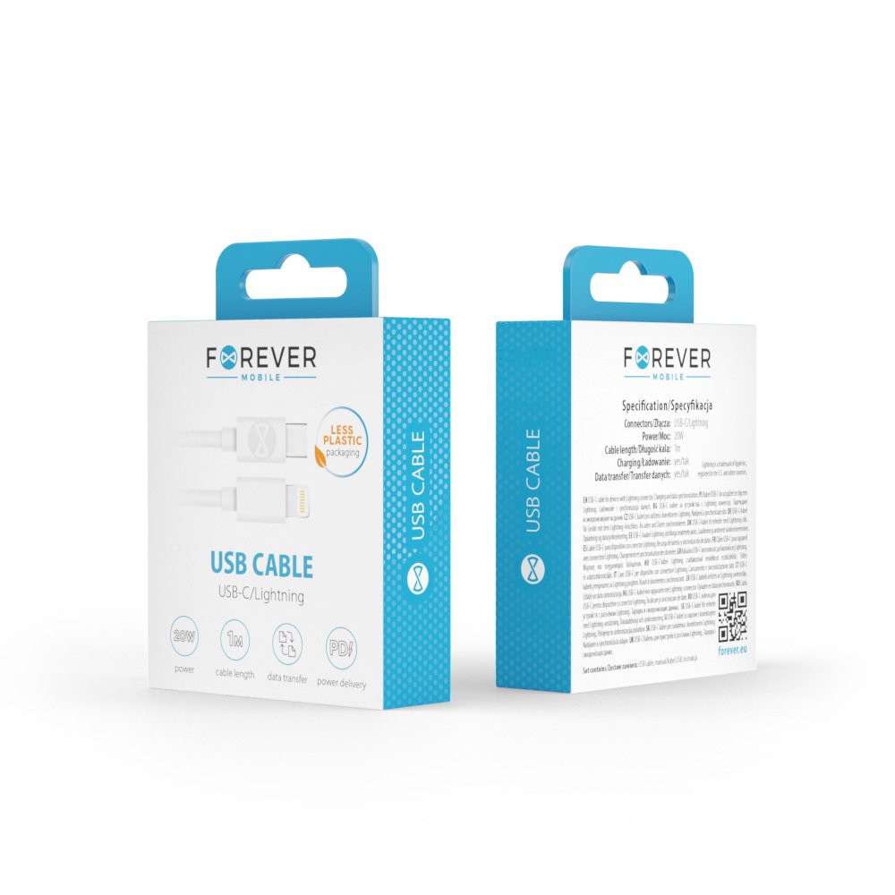 Forever kabelis USB-C - Lightning 1,0 m 20W, balts