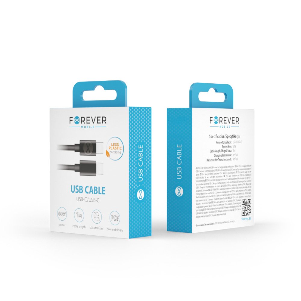 Forever kabelis USB-C - USB-C 1,0 m 60W, melns