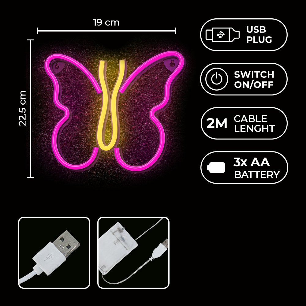 Neolia gaisma Neon LED Butterfly rozā NNE03