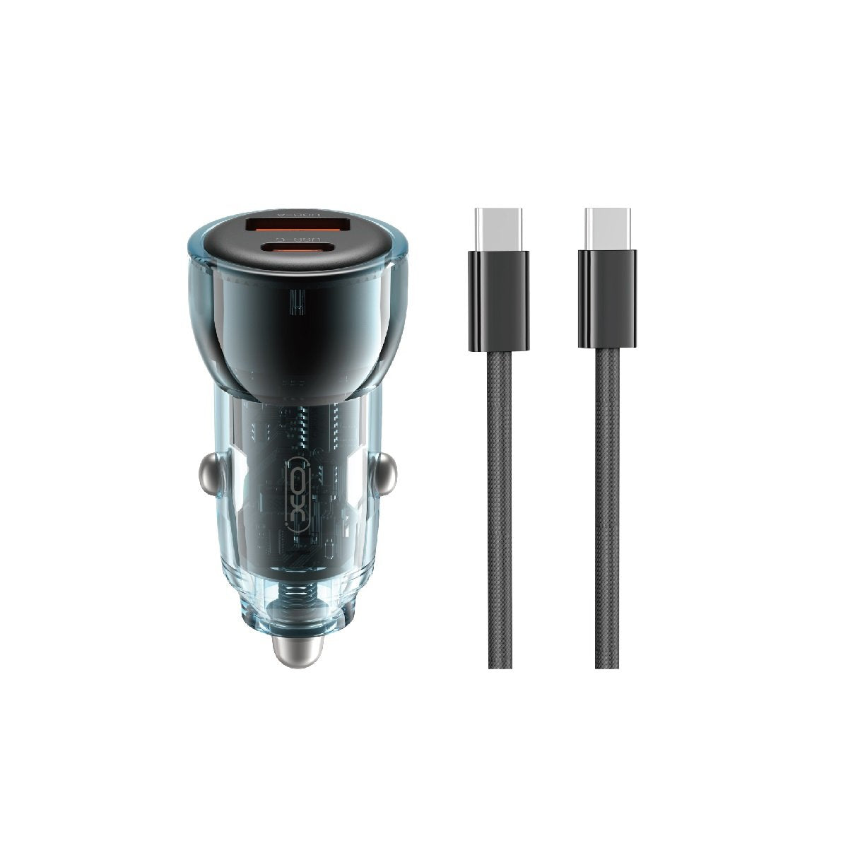 XO automašīnas lādētājs CC60 60W 1x USB 1x USB-C zils + USB-C - USB-C kabelis