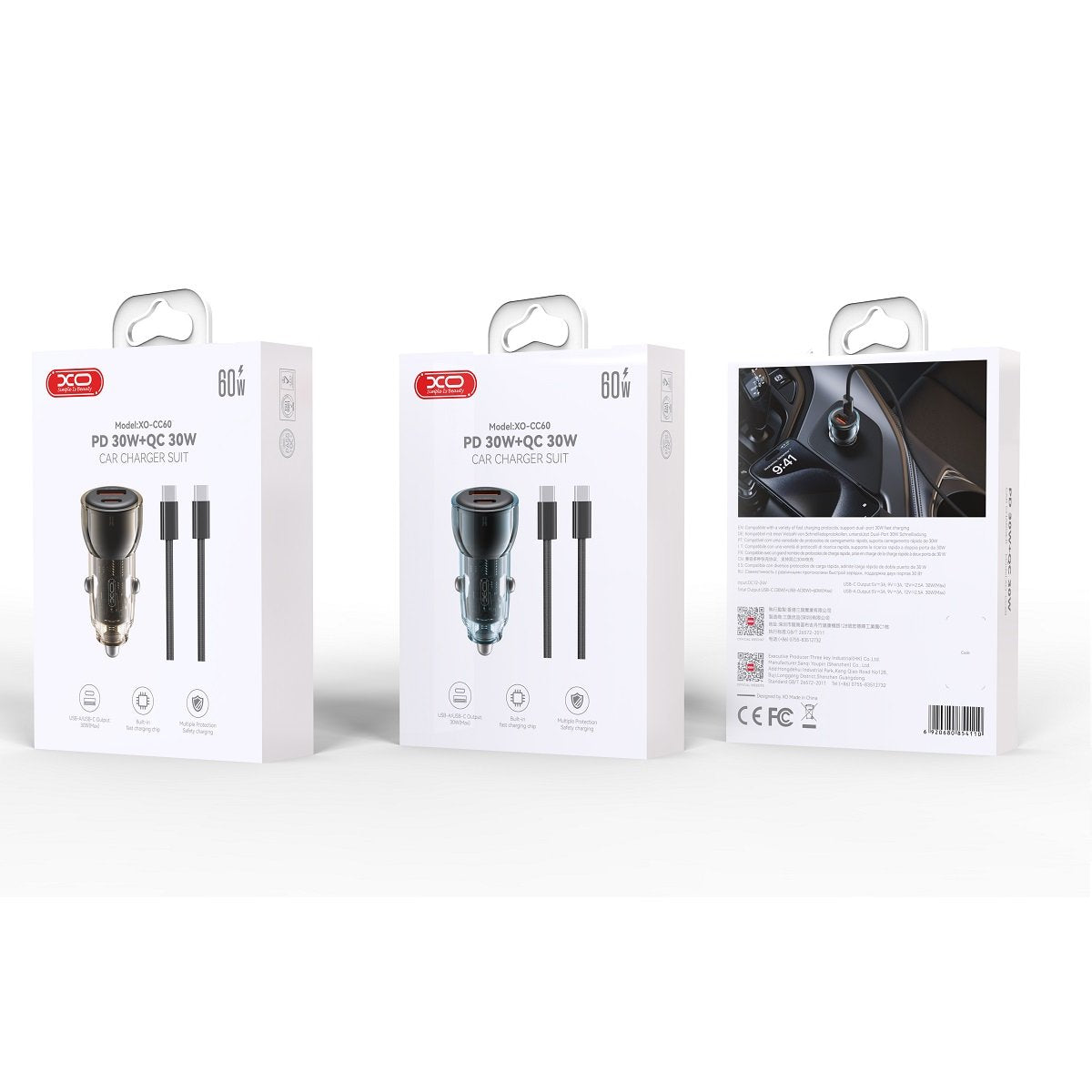 XO automašīnas lādētājs CC60 60W 1x USB 1x USB-C zils + USB-C - USB-C kabelis