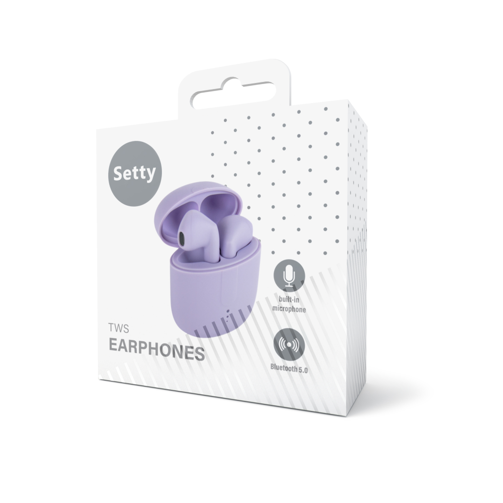 Setty Bluetooth austiņas TWS ar uzlādes futrāli STWS-19 violetas