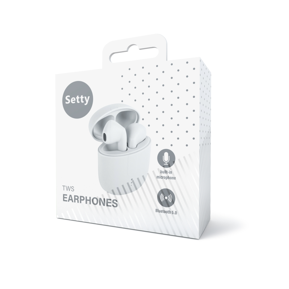 Setty Bluetooth austiņas TWS ar uzlādes futrāli TWS-0 baltas