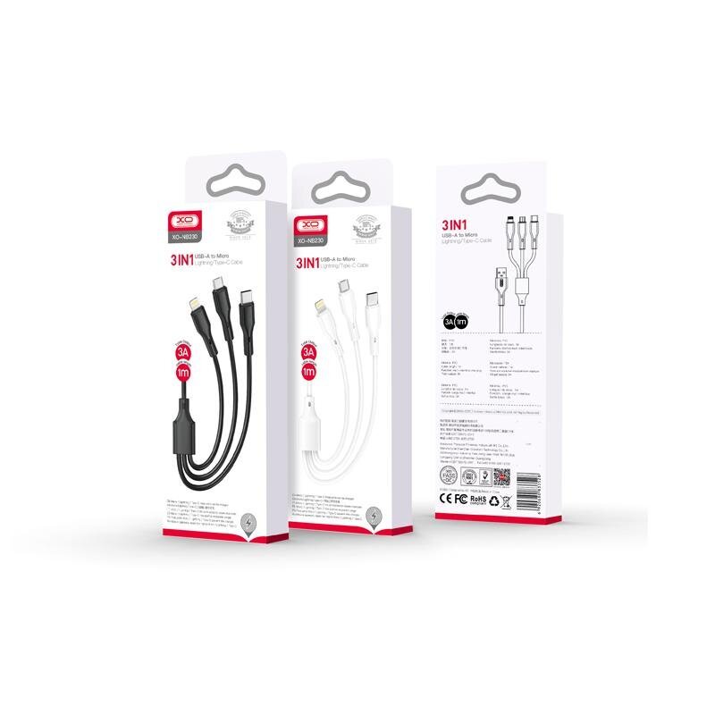 XO kabelis NB230 3w1 USB - Lightning + USB-C + microUSB 1,0m 2,4A balts