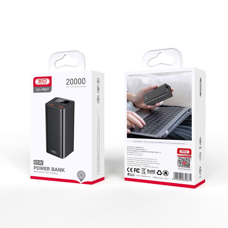 XO klēpjdatora ārējā baterija PB97 65W 20000mAh melna