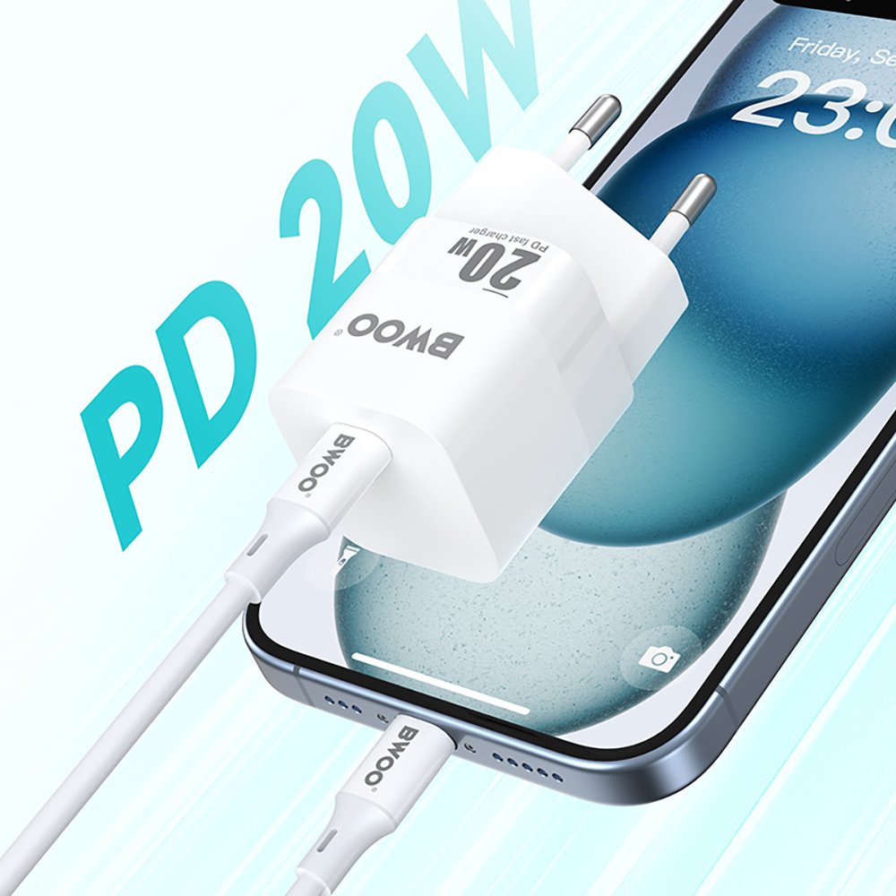 BWOO tīkla lādētājs CDA155 PD 1x USB-C port 1A 20W, balts