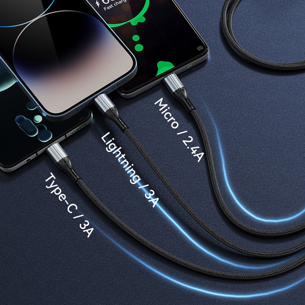 BWOO 3-in-1 kabelis USB - USB-C, Lightning, Micro USB 1m 3A X274 melns