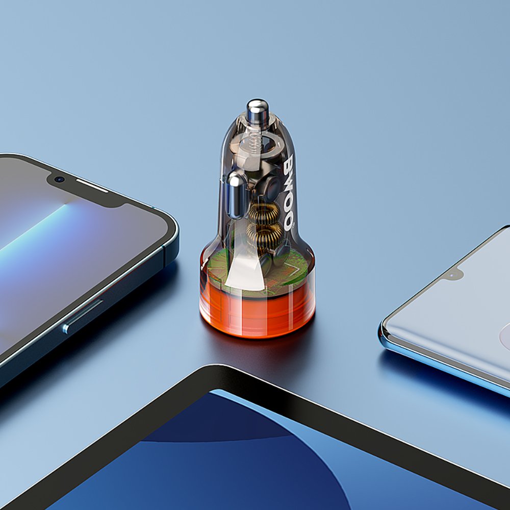 BWOO auto lādētājs PD 1x USB-C - USB-A port 38W caurspīdīgs