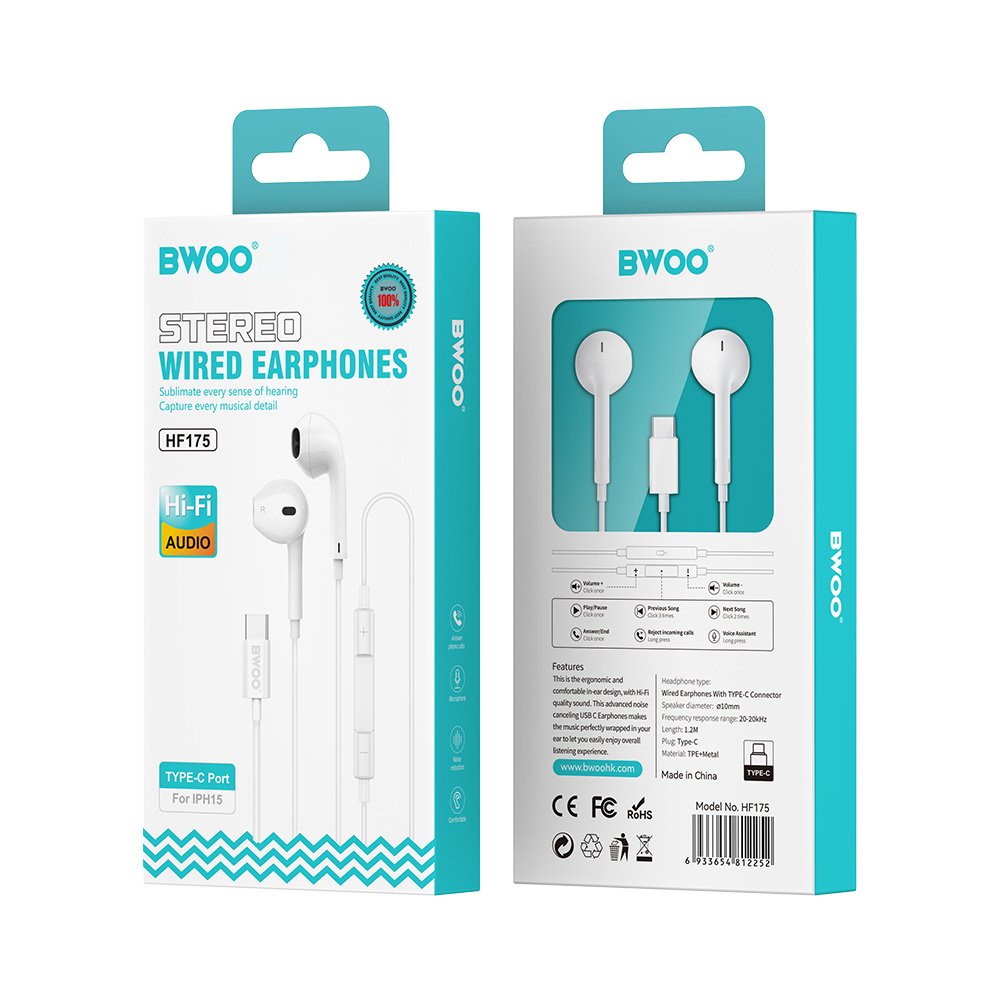 BWOO vadu austiņas HF175 USB-C digitāla saskarne, baltas