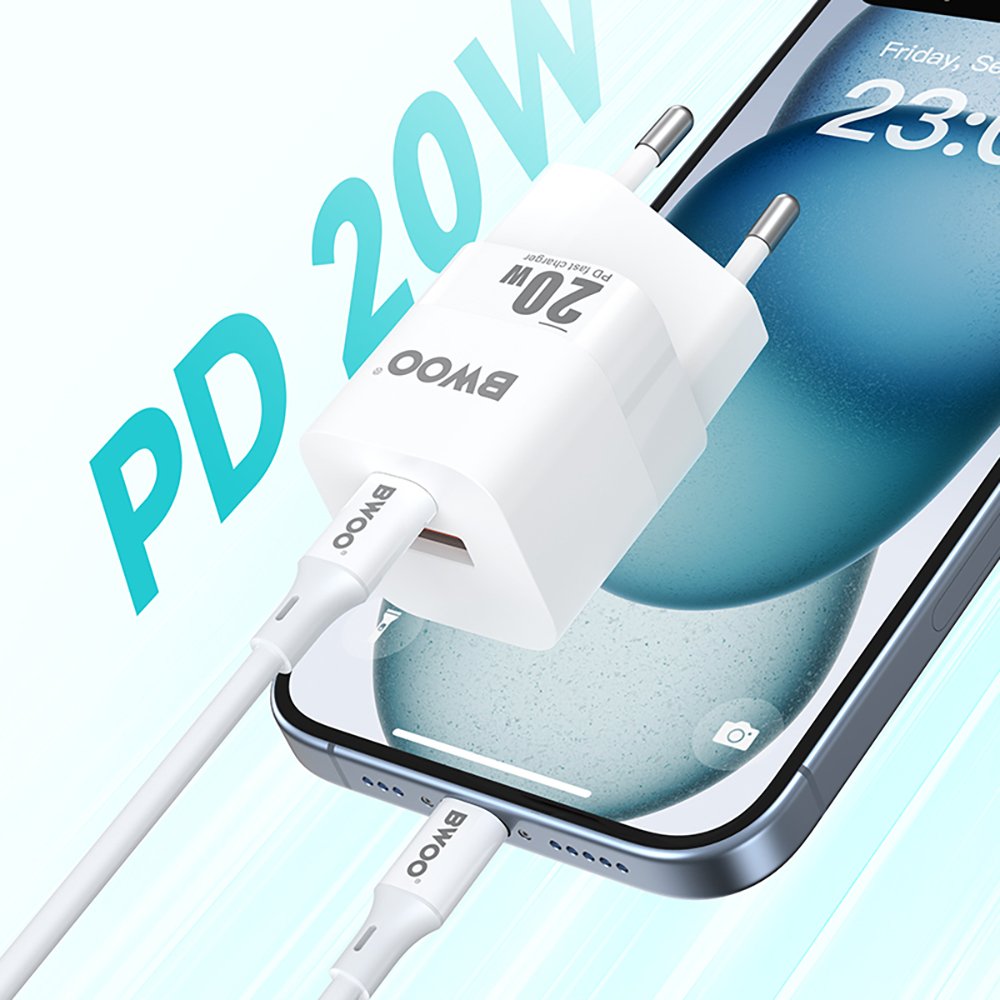 BWOO tīkla lādētājs CDA156 PD 1x USB-C 1v USB 20W, balts