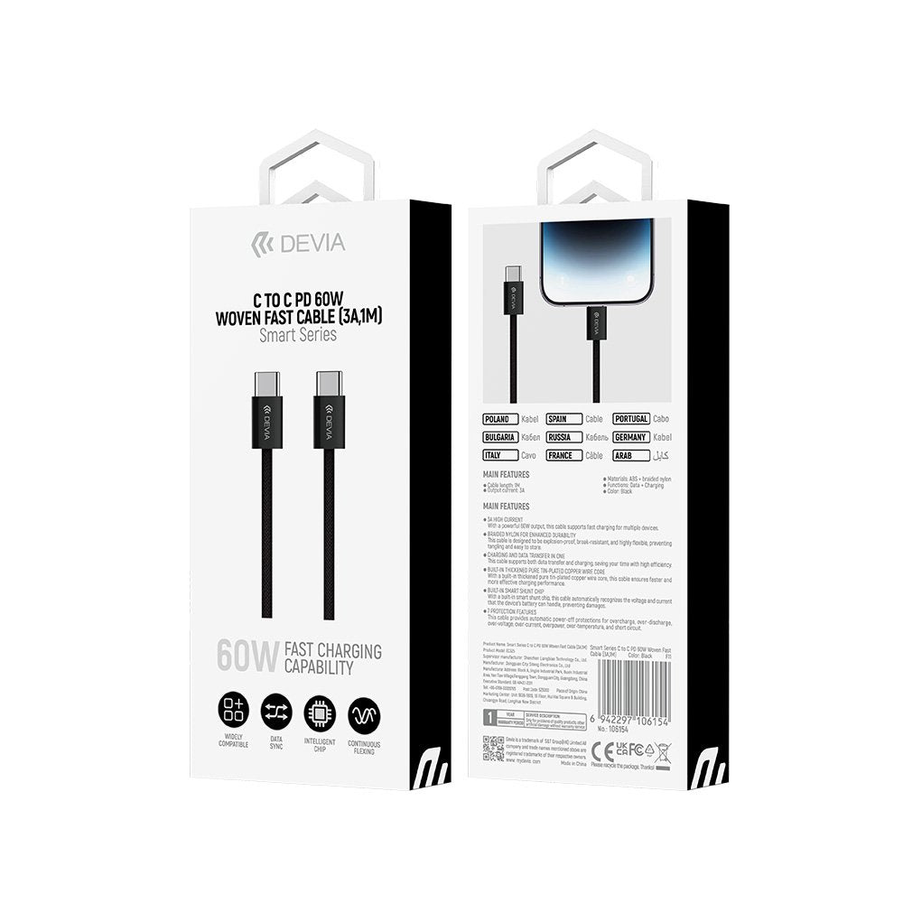 Devia kabelis Smart EC325 PD USB-C - USB-C 1,0 m 60W 3A melns