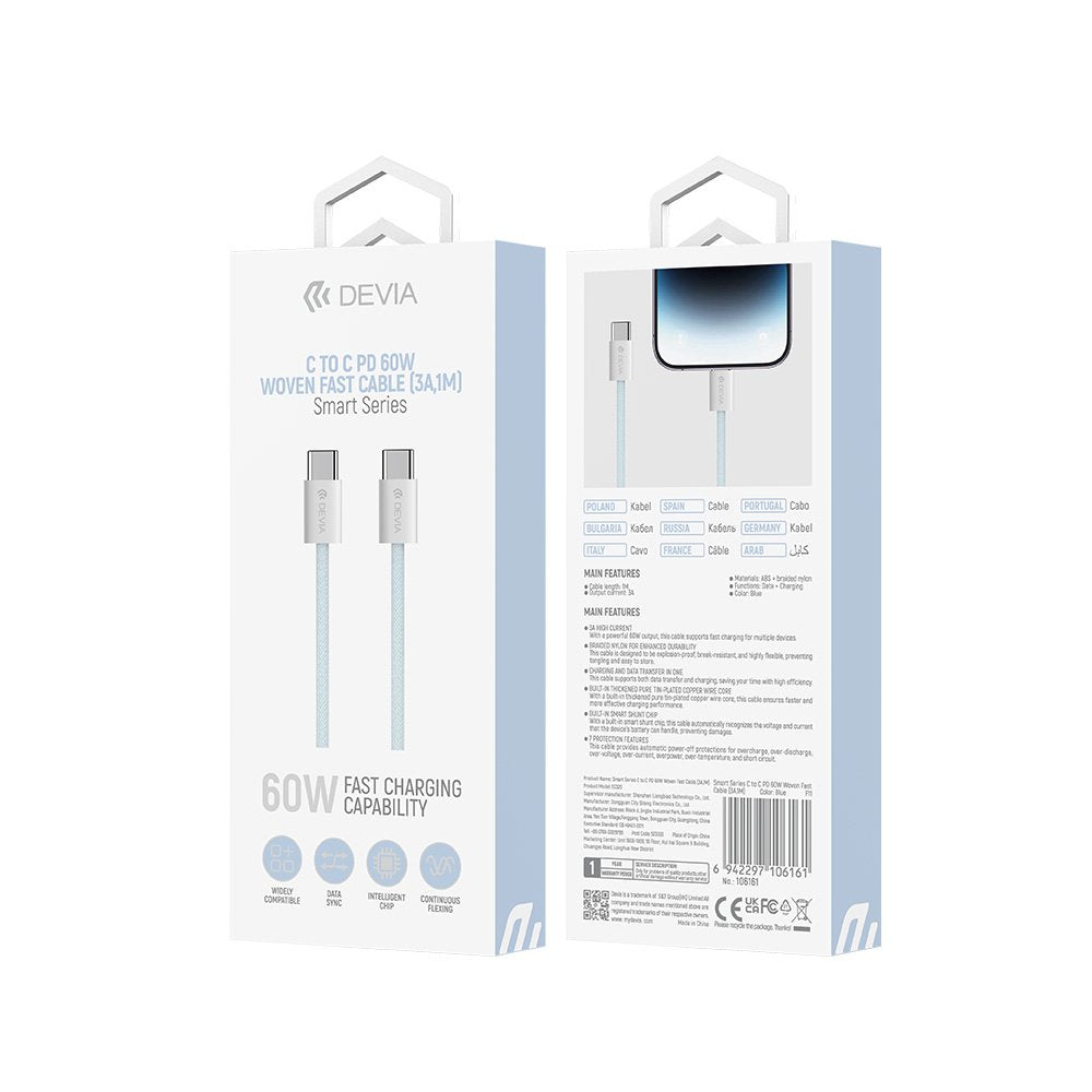 Devia kabelis Smart EC325 PD USB-C - USB-C 1,0 m 60W 3A zils