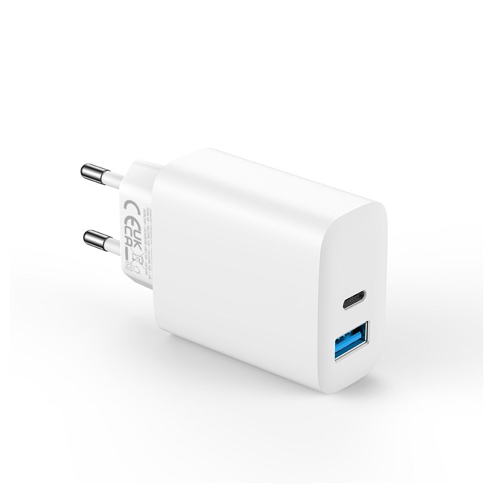 Forever TC-07-30AC PD QC lādētājs 1x USB-C 1x USB 30W balts + USB-C - USB-C kabelis 60W