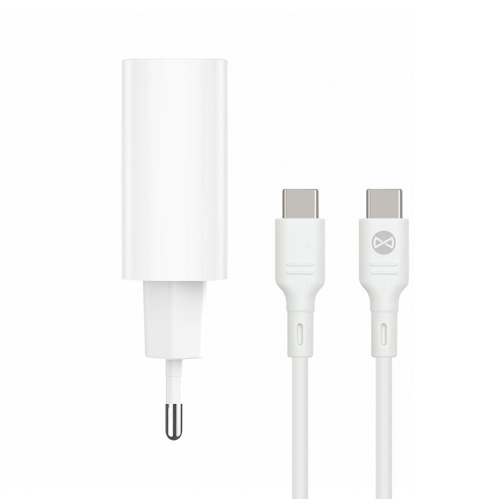 Forever TC-07-30AC PD QC lādētājs 1x USB-C 1x USB 30W balts + USB-C - USB-C kabelis 60W