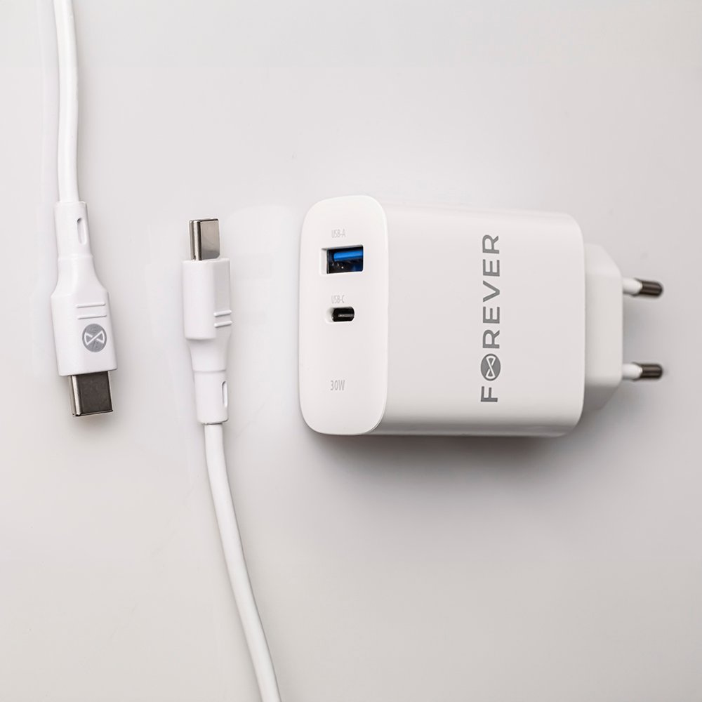 Forever TC-07-30AC PD QC lādētājs 1x USB-C 1x USB 30W balts + USB-C - USB-C kabelis 60W